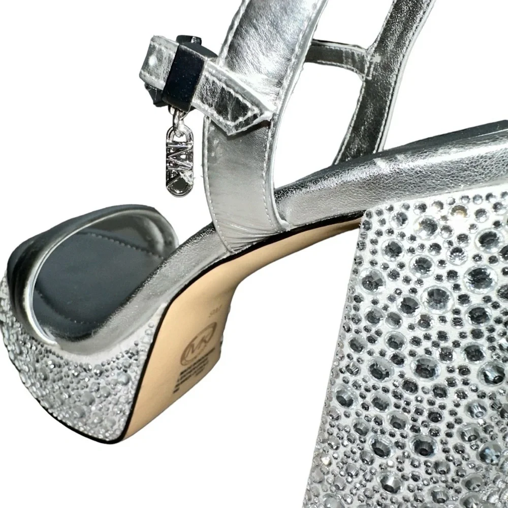 Michael Kors‎ size 9 Laci Embellished Metallic Silver Leather Platform Sandals